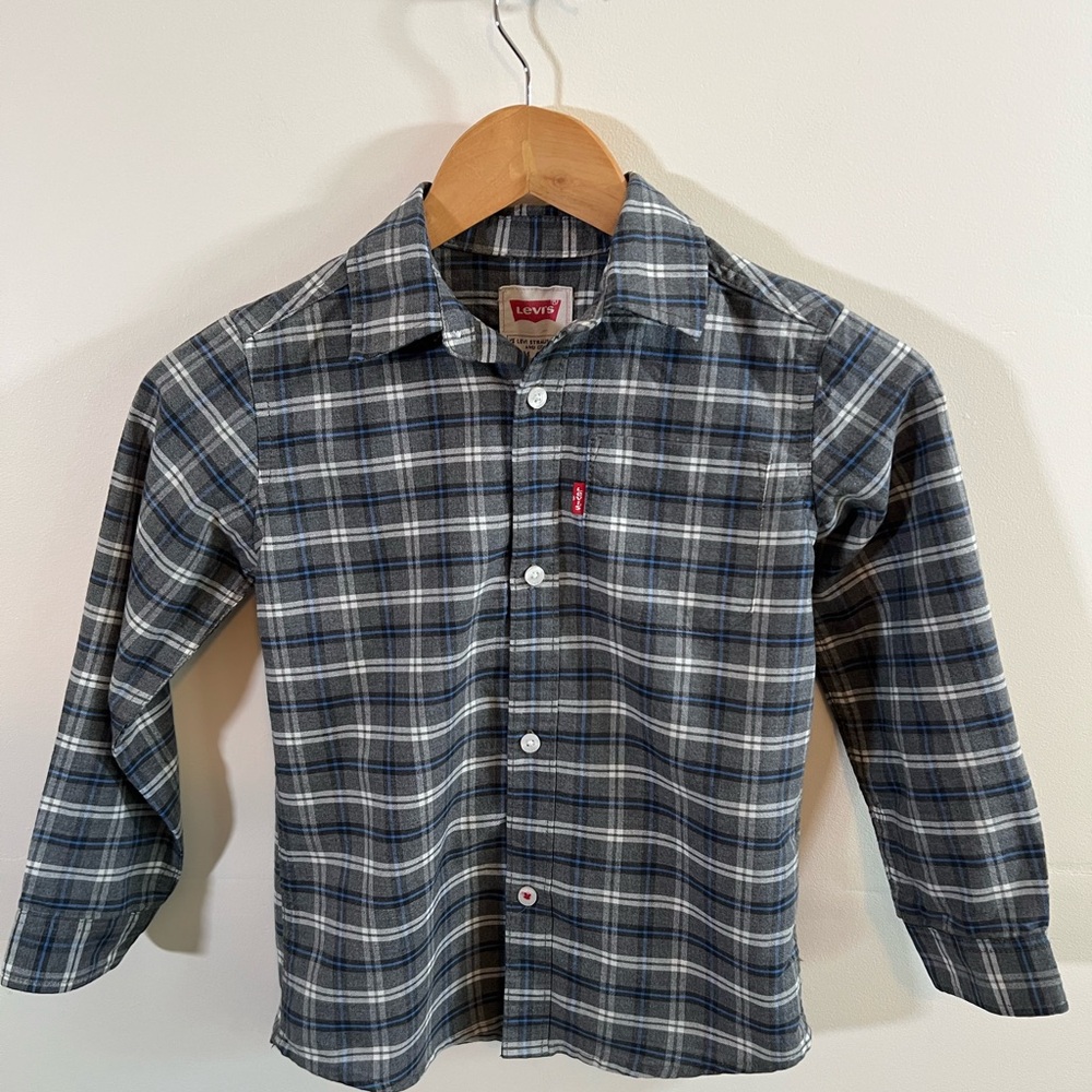 Levi's Boys Plaid Button Up Shirt Size 6 Blue Gray Long Sleeve Fall
